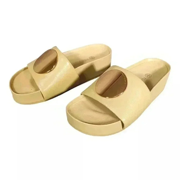 Tory Burch Patos Leather Platform Slide Sandals 5 - Women's Stylish Summer Shoes - Picture 2 of 9